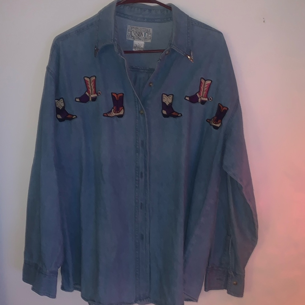 Vision 1 denim chambray button up shirt with embroidered cowboy boots